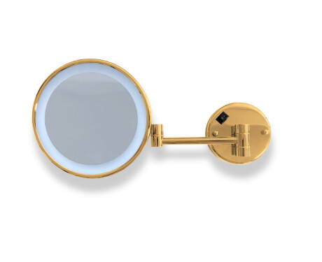 Specchio cosmetico con ingrandimento 3x, rotondo, illuminazione a LED a luce neutra, ribaltabile, doppio braccio mobile / finitura dorata lucida