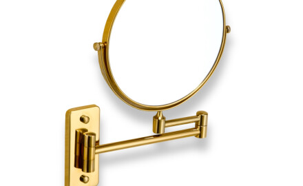 Specchio da trucco  diritto / ingrandimento 3x, rotondo, ribaltabile, doppio braccio mobile / finitura dorata lucida