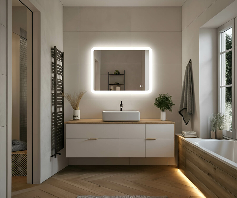 DR.LUX Specchio a LED da bagno, 91 x 71 cm, da parete, anti-appannamento, regolabile, 3000-6000 K, interruttore touch dimmerabile (verticale e orizzontale